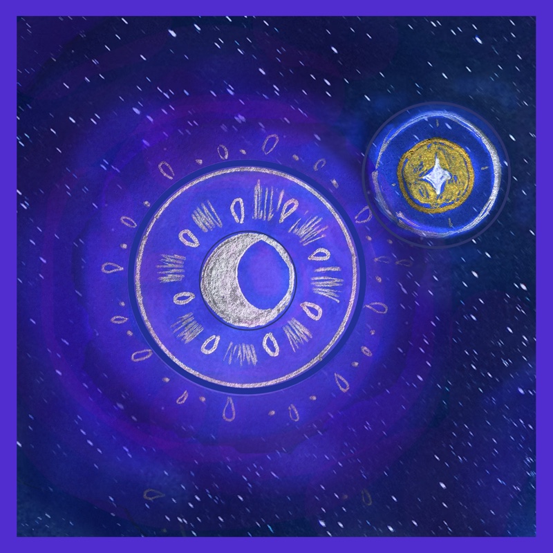 Belle’s painting: a silver crescent moon inside hand-drawn rings on a violet and navy starry sky, with a small gold star circle beside it, in a violet frame